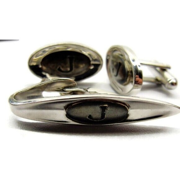 "J" Initial Shields Set Engraved Letter Oval Silver T Personalized Cufflinks Vtg - Picture 2 of 10